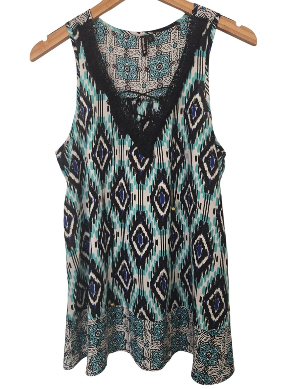 Heartsoul XL Boho Ikat Print Lace Up Sleeveless Tunic Top